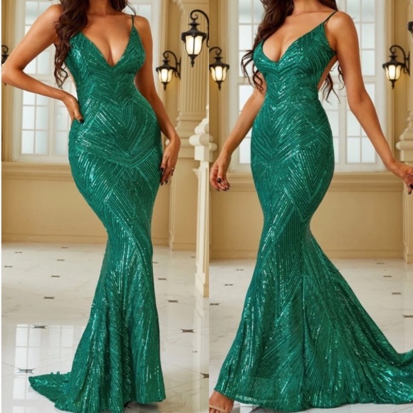 Luxe mermaid hem backless party formal wedding sequin gown dress - Picture 1 of 14